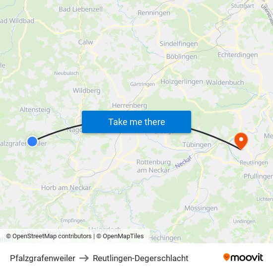 Pfalzgrafenweiler to Reutlingen-Degerschlacht map