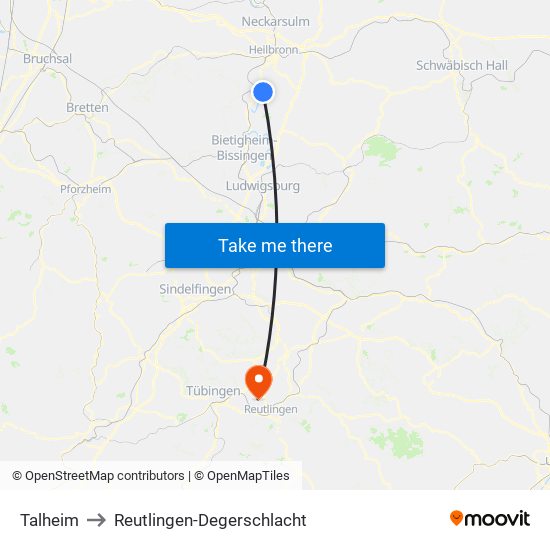 Talheim to Reutlingen-Degerschlacht map