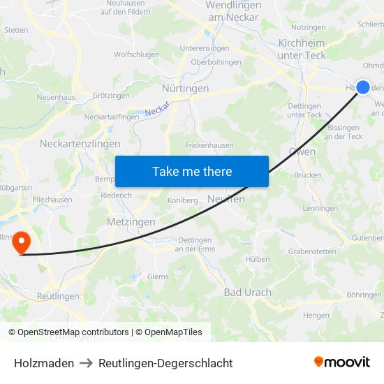 Holzmaden to Reutlingen-Degerschlacht map
