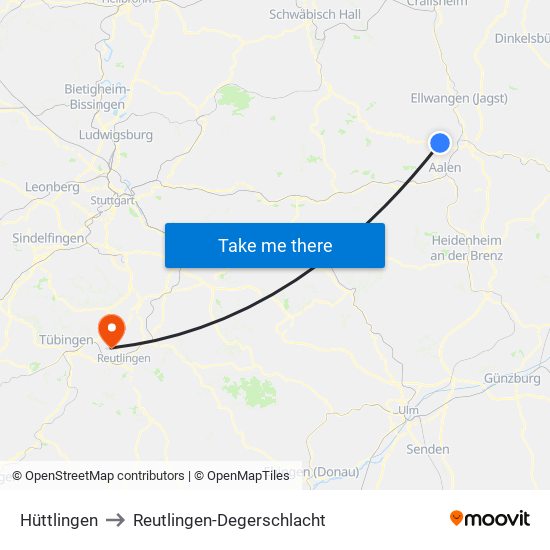 Hüttlingen to Reutlingen-Degerschlacht map