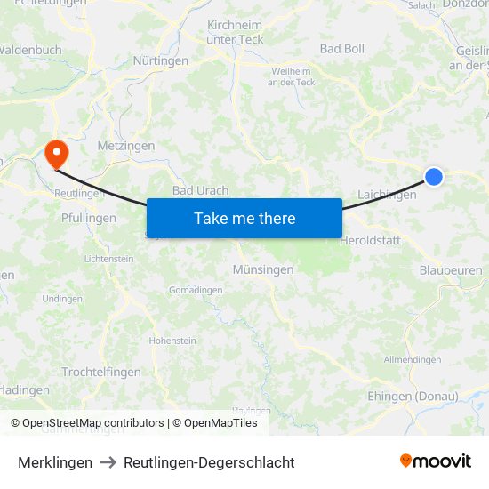 Merklingen to Reutlingen-Degerschlacht map