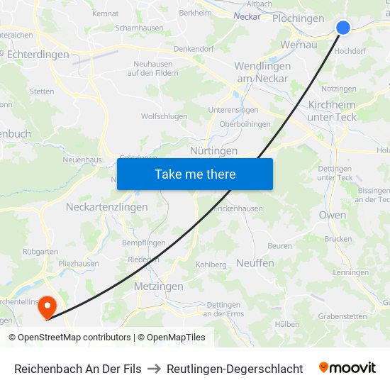 Reichenbach An Der Fils to Reutlingen-Degerschlacht map