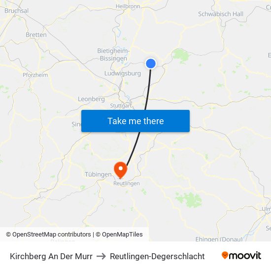 Kirchberg An Der Murr to Reutlingen-Degerschlacht map