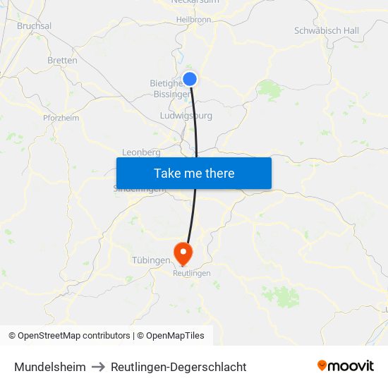 Mundelsheim to Reutlingen-Degerschlacht map