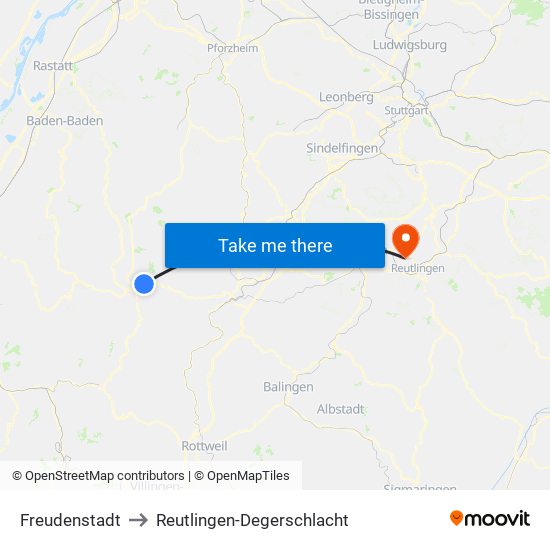 Freudenstadt to Reutlingen-Degerschlacht map