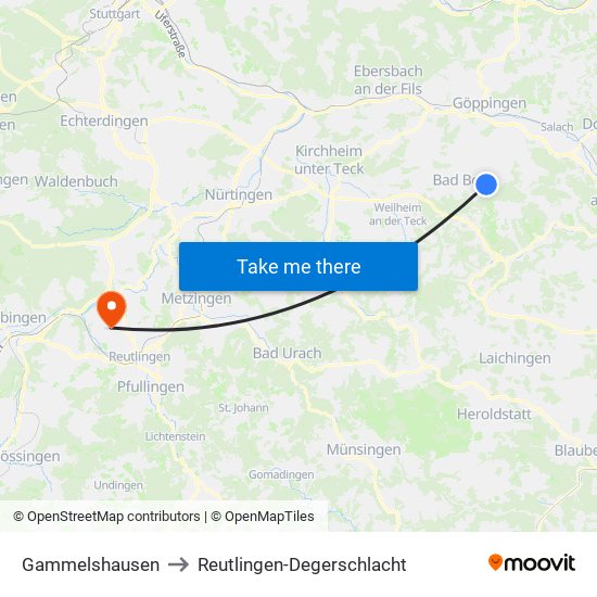 Gammelshausen to Reutlingen-Degerschlacht map