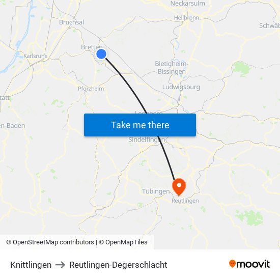 Knittlingen to Reutlingen-Degerschlacht map