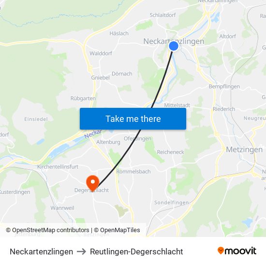 Neckartenzlingen to Reutlingen-Degerschlacht map