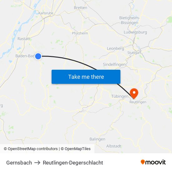 Gernsbach to Reutlingen-Degerschlacht map