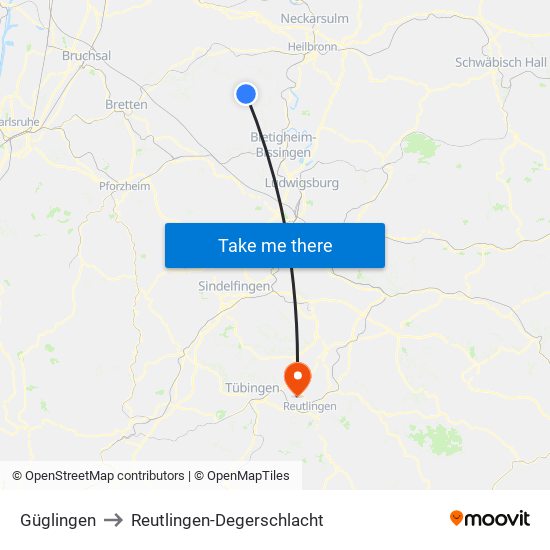 Güglingen to Reutlingen-Degerschlacht map