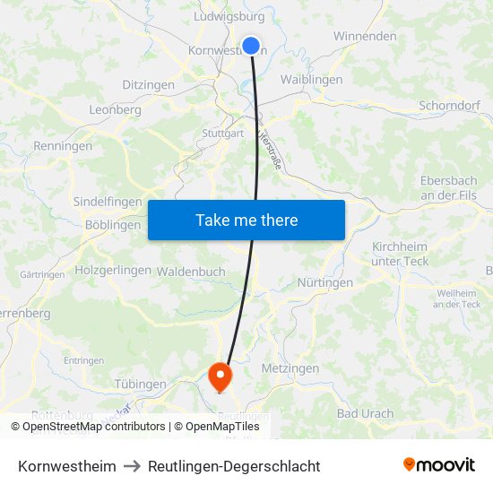 Kornwestheim to Reutlingen-Degerschlacht map