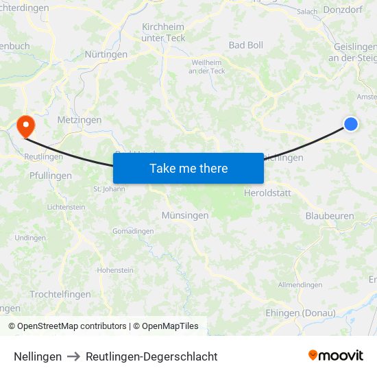 Nellingen to Reutlingen-Degerschlacht map