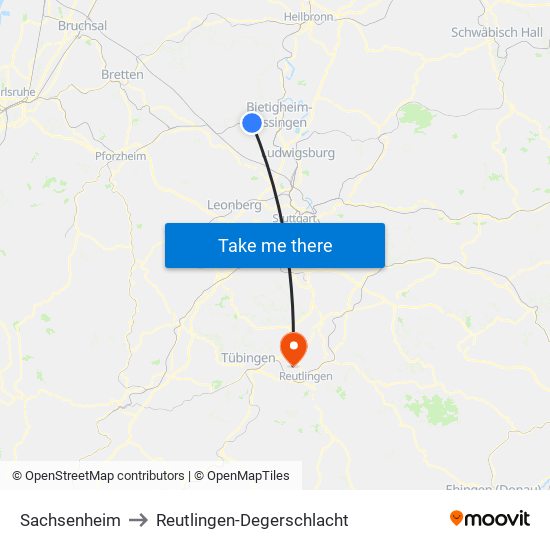 Sachsenheim to Reutlingen-Degerschlacht map