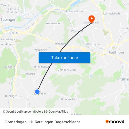 Gomaringen to Reutlingen-Degerschlacht map