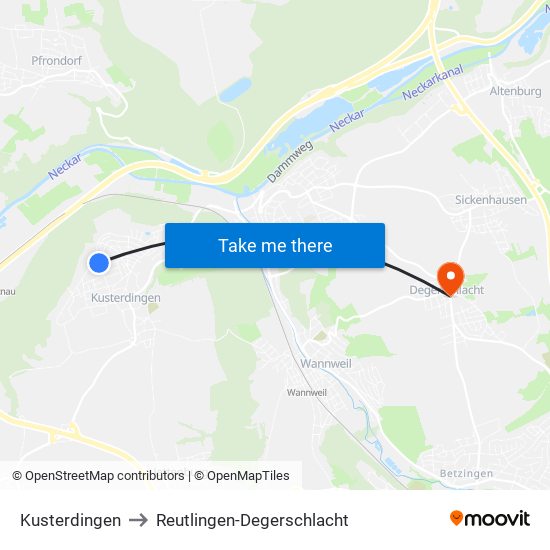 Kusterdingen to Reutlingen-Degerschlacht map