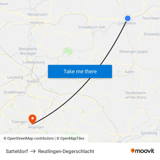 Satteldorf to Reutlingen-Degerschlacht map