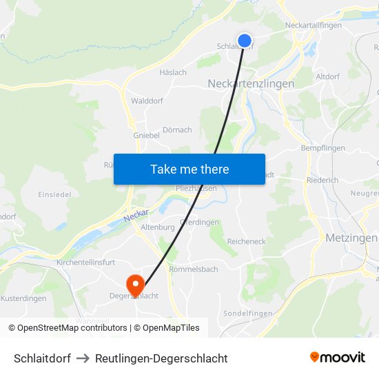 Schlaitdorf to Reutlingen-Degerschlacht map