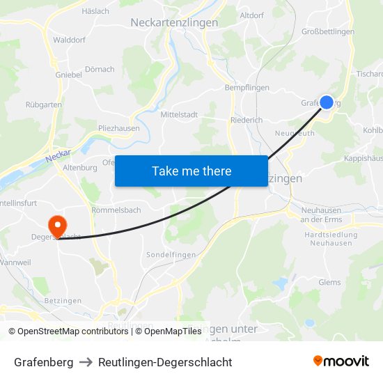 Grafenberg to Reutlingen-Degerschlacht map