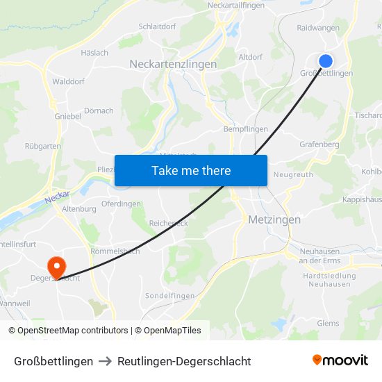 Großbettlingen to Reutlingen-Degerschlacht map