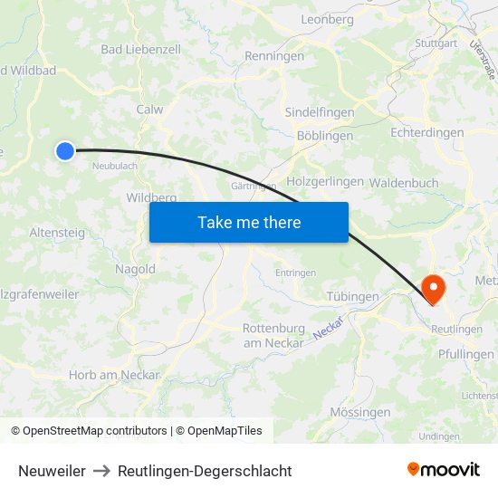 Neuweiler to Reutlingen-Degerschlacht map