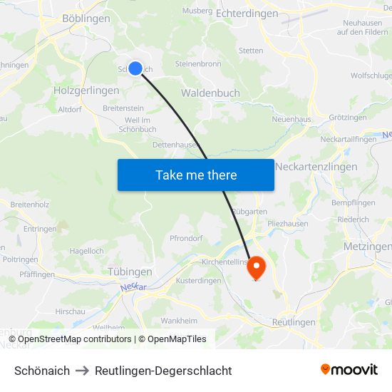 Schönaich to Reutlingen-Degerschlacht map