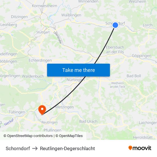 Schorndorf to Reutlingen-Degerschlacht map