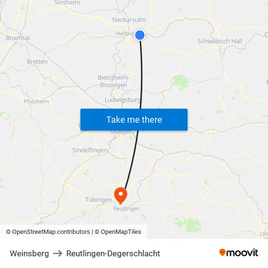 Weinsberg to Reutlingen-Degerschlacht map