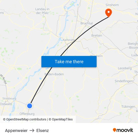 Appenweier to Elsenz map