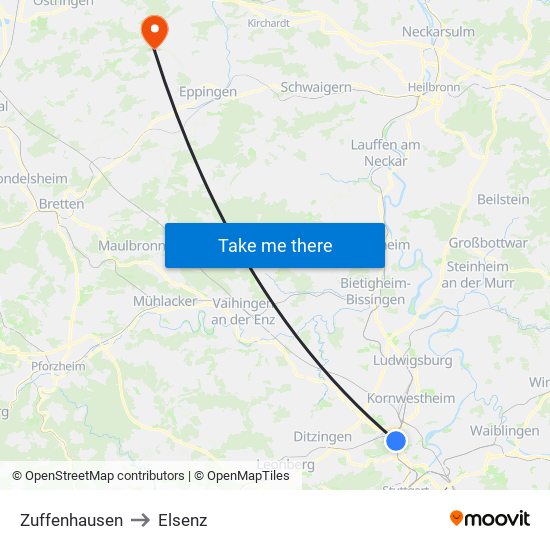 Zuffenhausen to Elsenz map