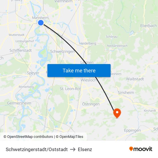 Schwetzingerstadt/Oststadt to Elsenz map