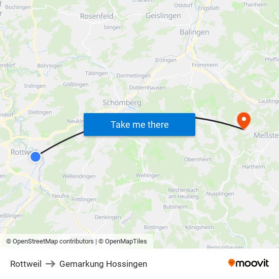 Rottweil to Gemarkung Hossingen map