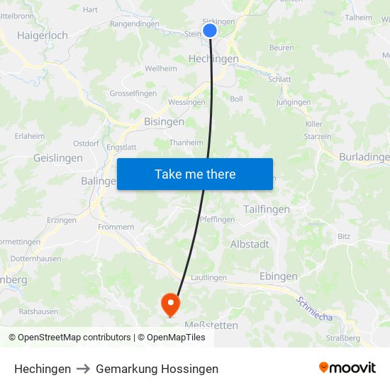 Hechingen to Gemarkung Hossingen map