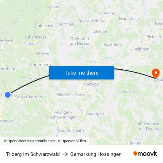 Triberg Im Schwarzwald to Gemarkung Hossingen map
