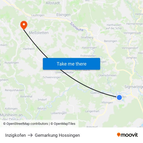 Inzigkofen to Gemarkung Hossingen map
