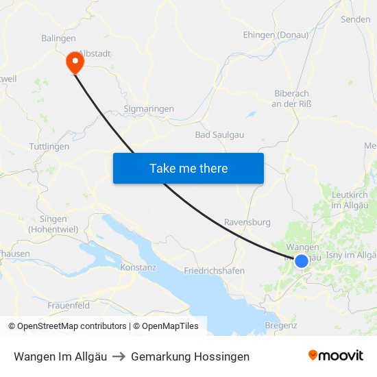 Wangen Im Allgäu to Gemarkung Hossingen map