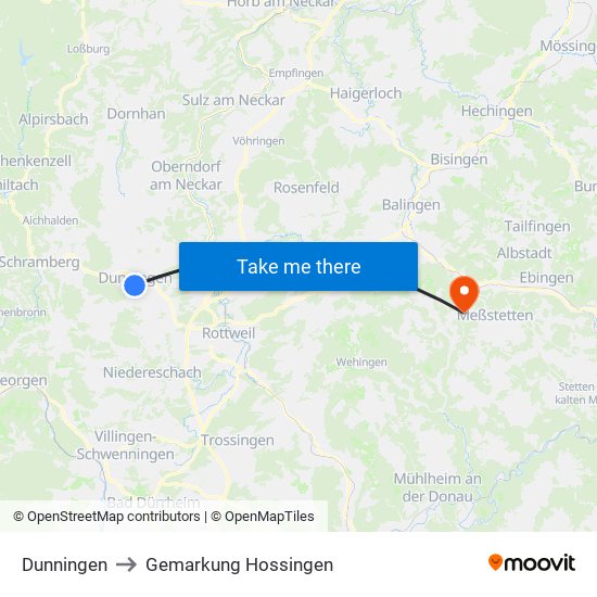 Dunningen to Gemarkung Hossingen map