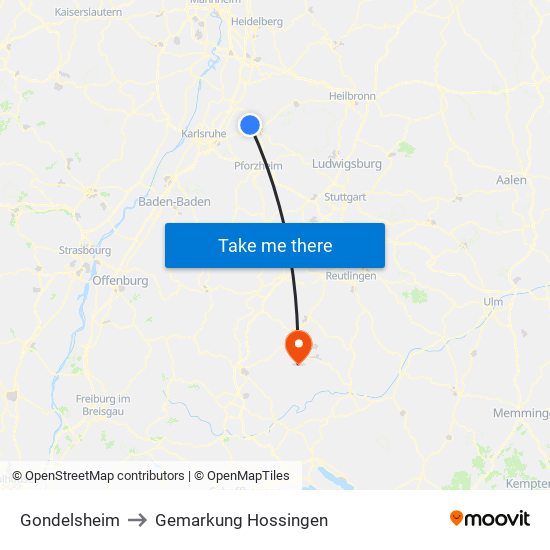 Gondelsheim to Gemarkung Hossingen map