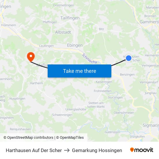 Harthausen Auf Der Scher to Gemarkung Hossingen map