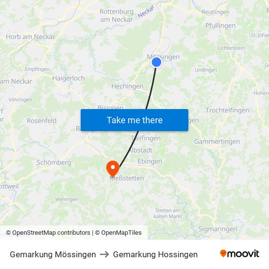 Gemarkung Mössingen to Gemarkung Hossingen map