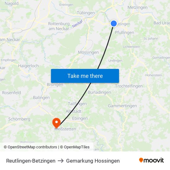 Reutlingen-Betzingen to Gemarkung Hossingen map