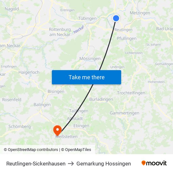 Reutlingen-Sickenhausen to Gemarkung Hossingen map