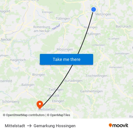 Mittelstadt to Gemarkung Hossingen map