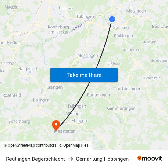 Reutlingen-Degerschlacht to Gemarkung Hossingen map