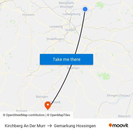 Kirchberg An Der Murr to Gemarkung Hossingen map