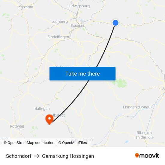 Schorndorf to Gemarkung Hossingen map