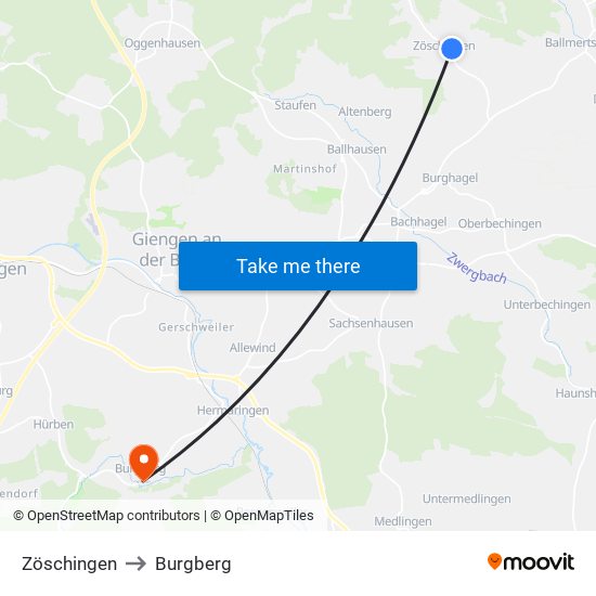 Zöschingen to Burgberg map