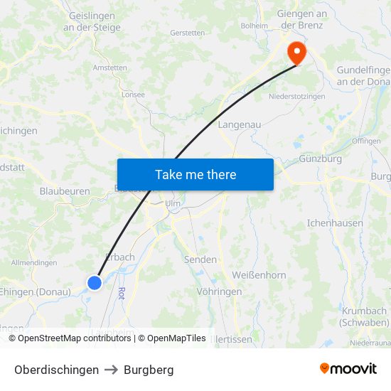 Oberdischingen to Burgberg map