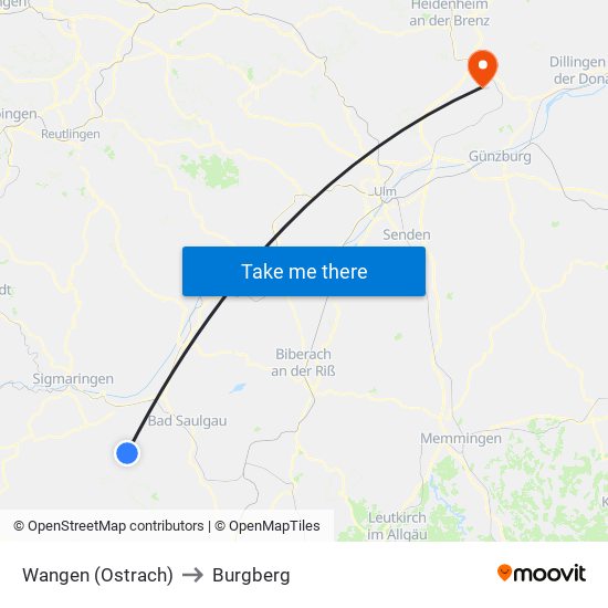 Wangen (Ostrach) to Burgberg map