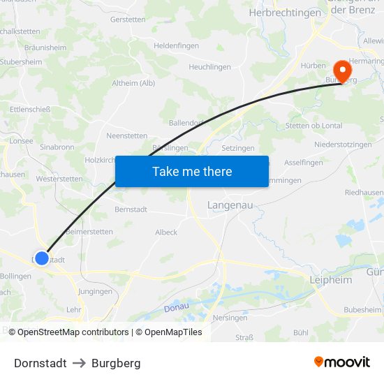 Dornstadt to Burgberg map