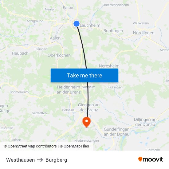Westhausen to Burgberg map